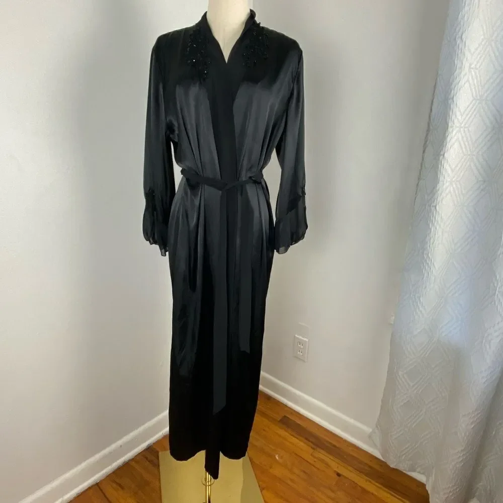 Vintage California Dynasty Womens Black Satin Maxi Robe Fairy  Whimsigoth‎ M - Picture 15 of 16